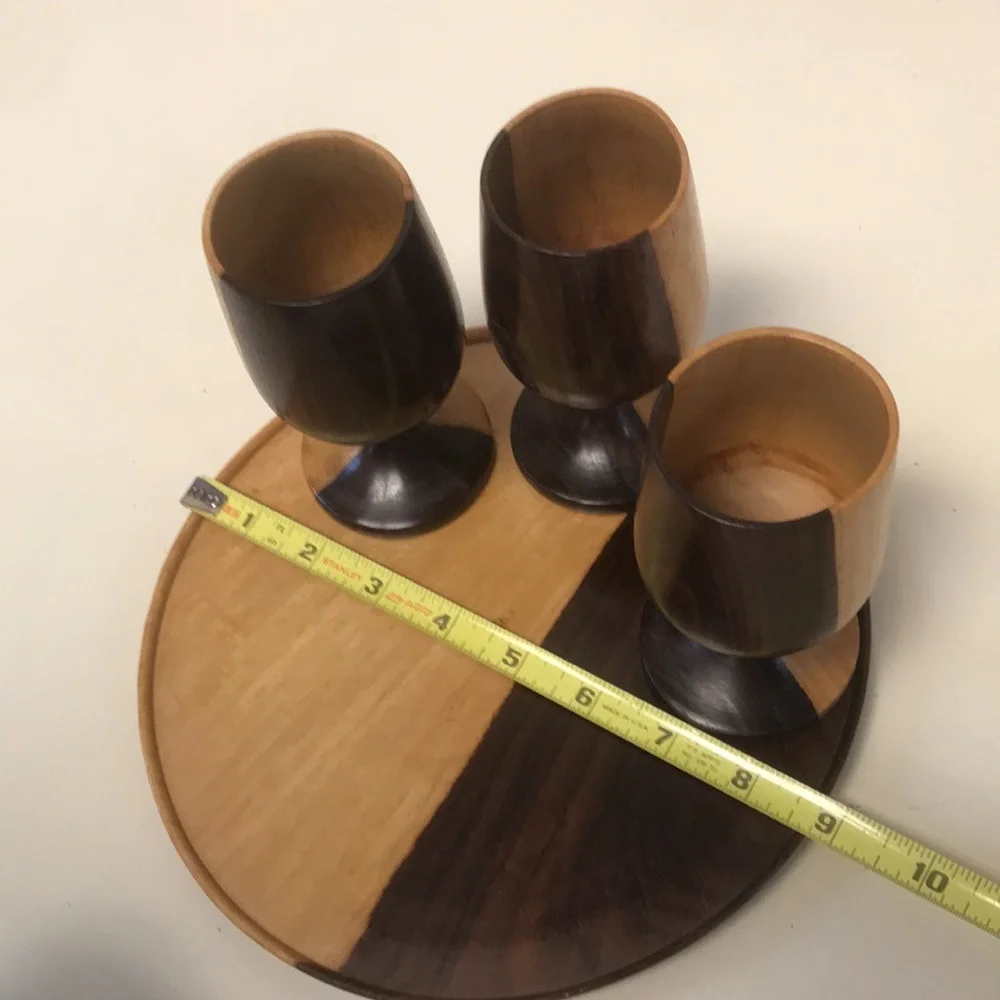 Vintage Wooden Wine Goblets (5)‎ with Tray